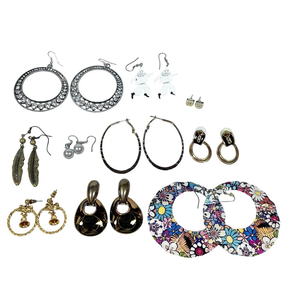Lot of 10 Pairs of Earrings Vintage Gold Silver Tone Pearl Festive Bells